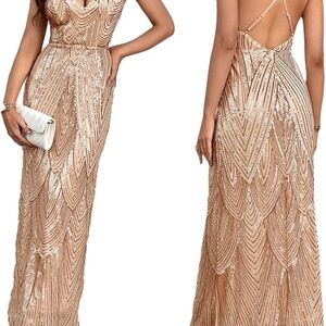 NWT Elegant Womens Sz XL V Neck Spaghetti Strap Sequin Sparkly Maxi Formal Dress